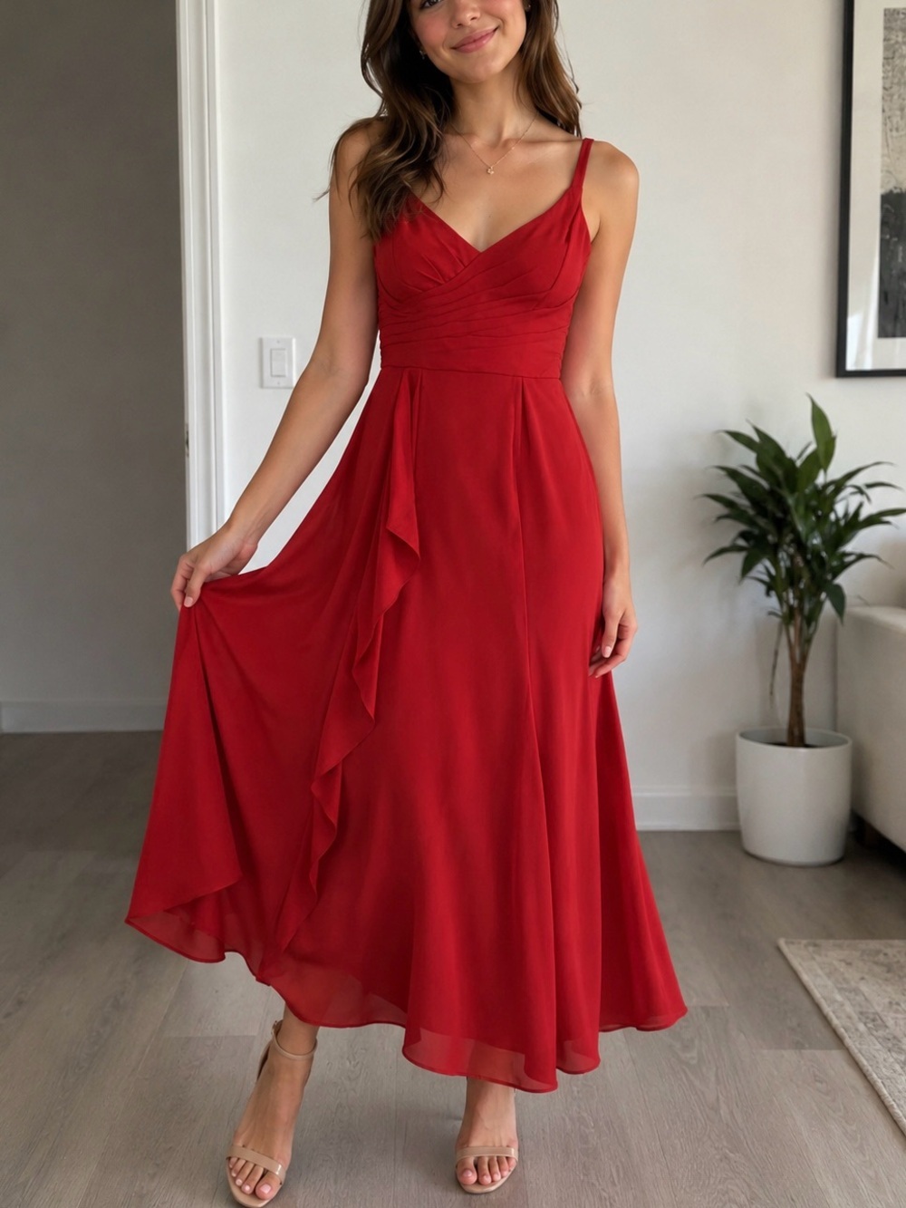 Azazie Rust Terracotta Red Chiffon Ruffle Cascade Maxi Dress Wedding Cocktail 14